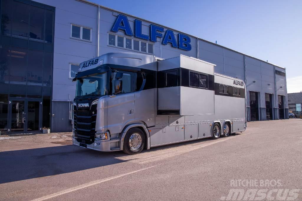 Scania V8 Hästlastbil med uppskjut och utskjut ALFAB Animal transport trucks