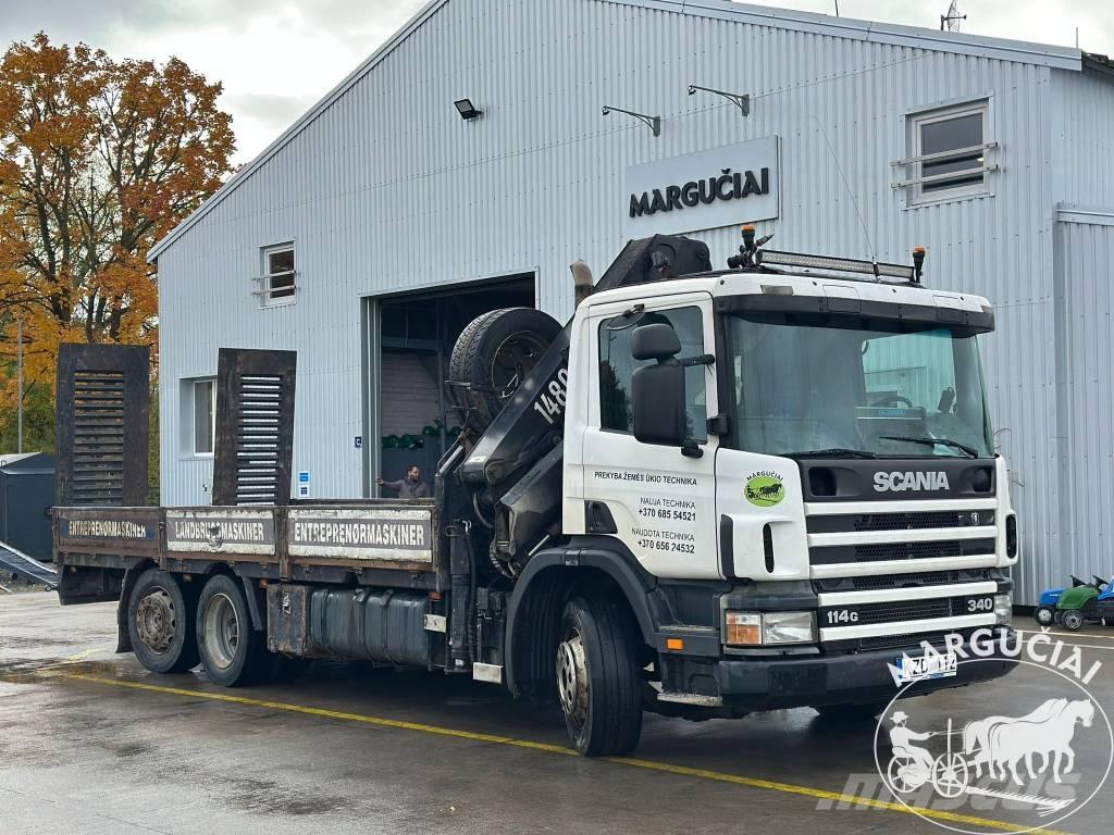 Scania 114G 340 Camion plateau ridelle avec grue