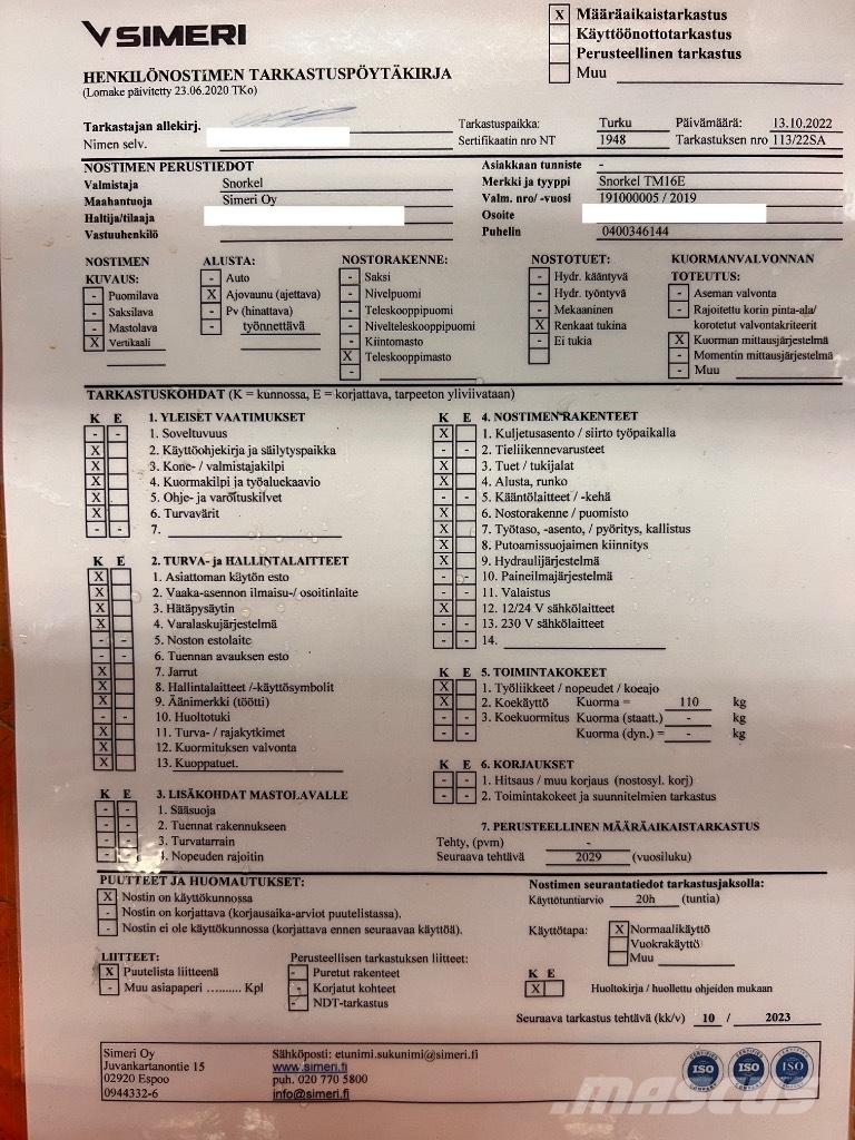 Snorkel tm 16E Nacelle ciseaux