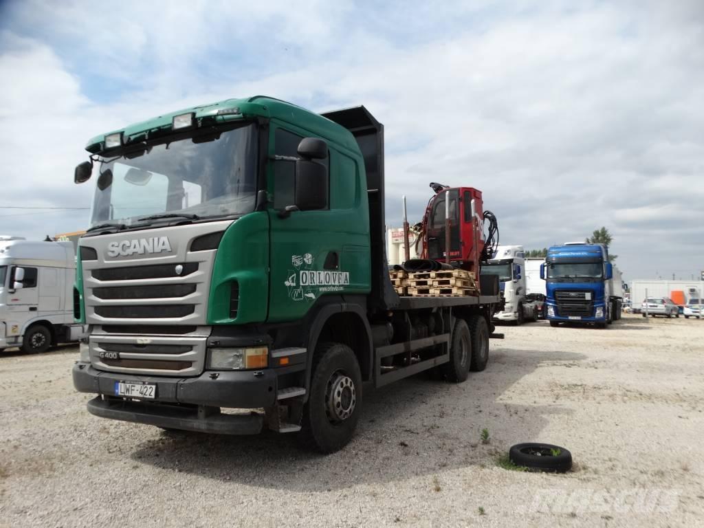Scania G400 Camion plateau ridelle avec grue