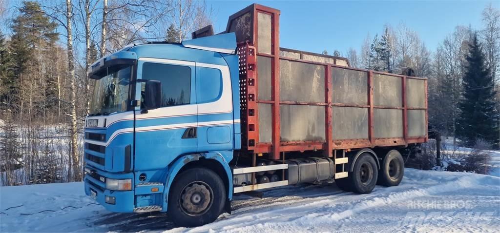 Scania 124 460 Camion plateau ridelle avec grue