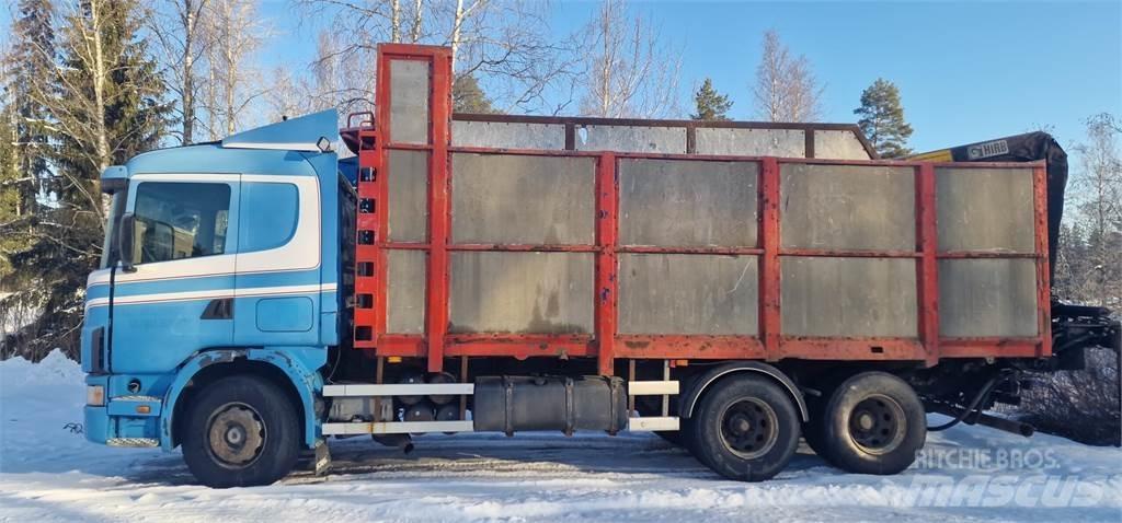 Scania 124 460 Camion plateau ridelle avec grue