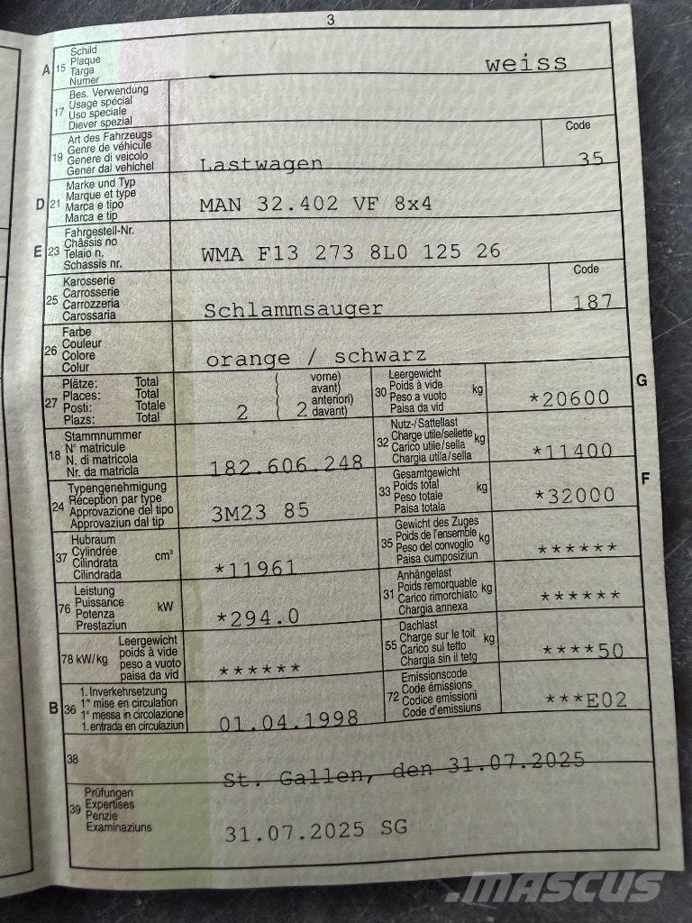 MAN 32.402 VF 8x4 Camion aspirateur, Hydrocureur