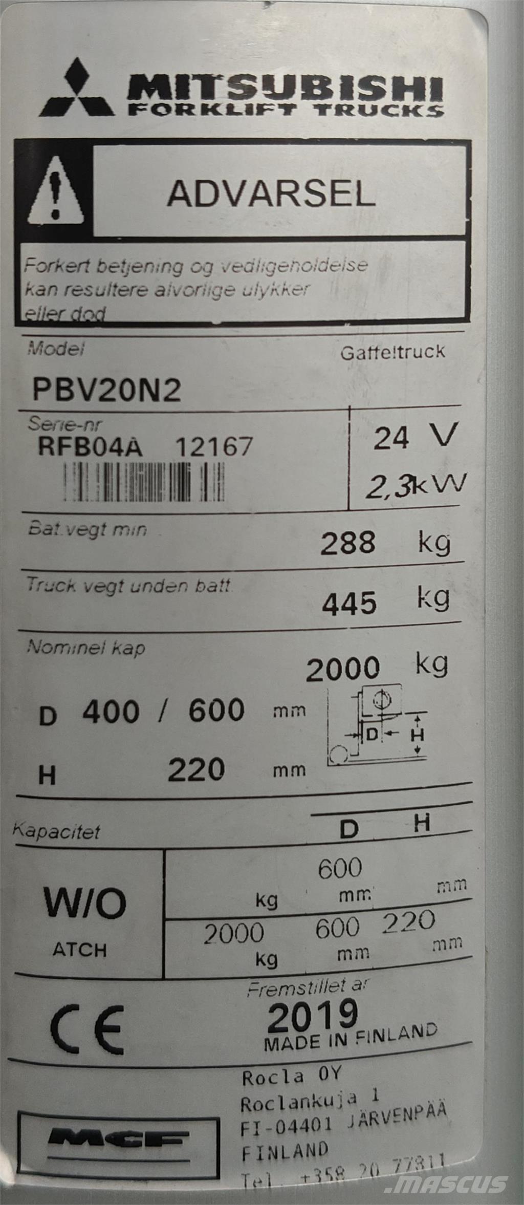 Mitsubishi PBV20N2 Chariot élévateur plateforme