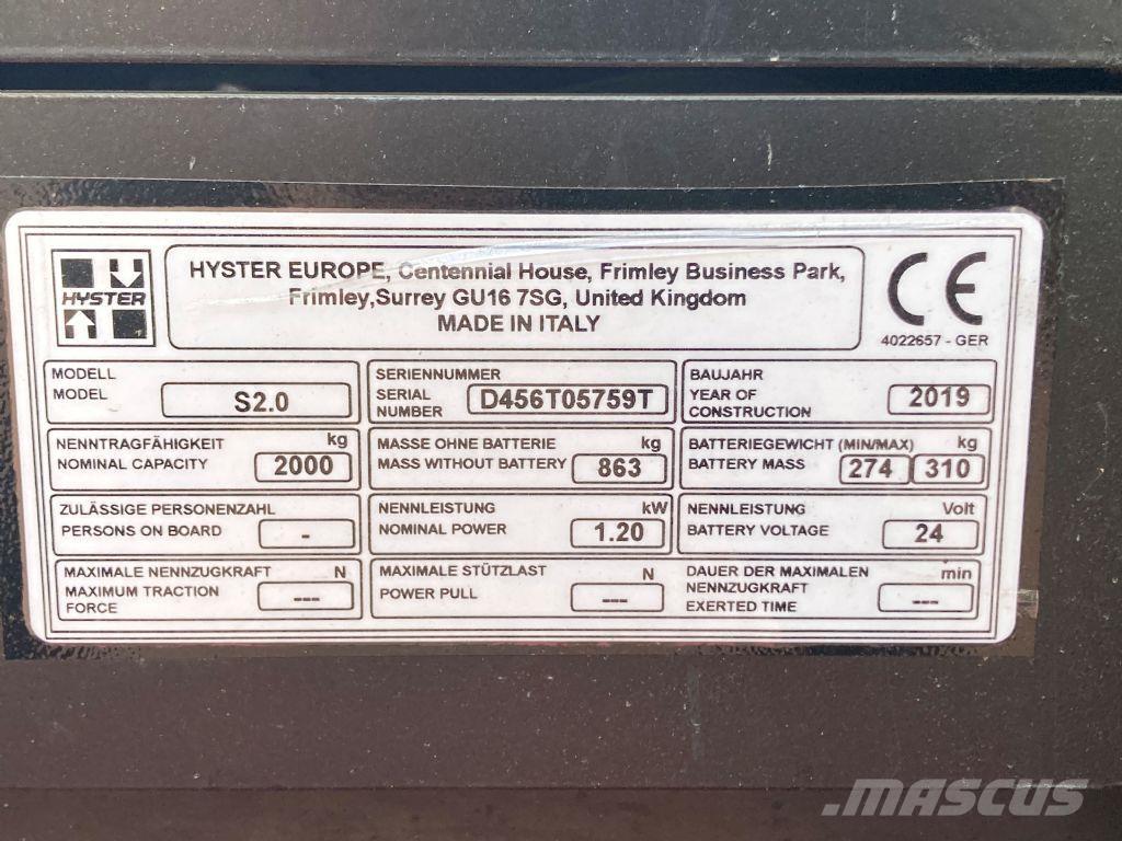 Hyster S 2.0 Gerbeur accompagnant