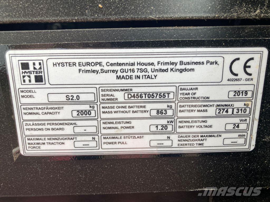 Hyster S 2.0 Gerbeur accompagnant