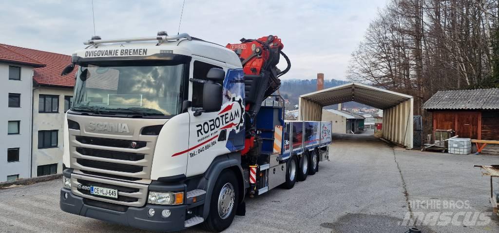 Scania G 490 Camion plateau ridelle avec grue