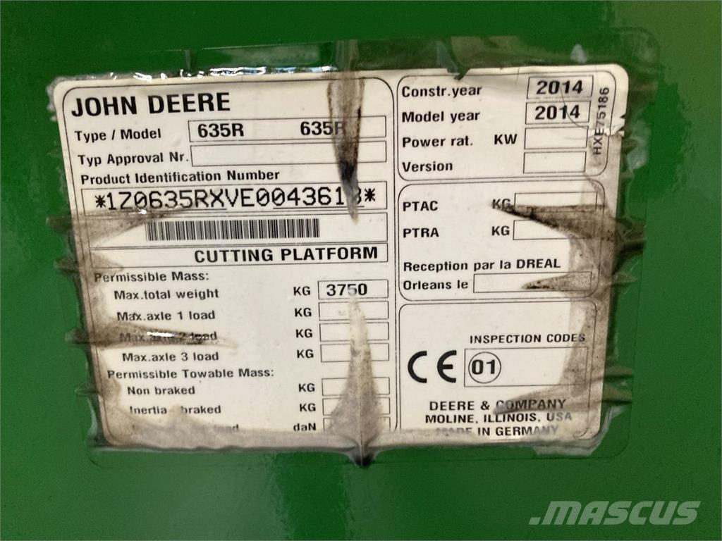 John Deere 635R Barre de coupe pour moissonneuse batteuse