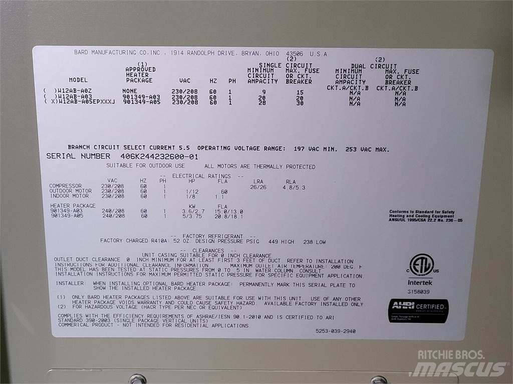  BARD W12AB-A05EPXXXJ Équipement de dégel