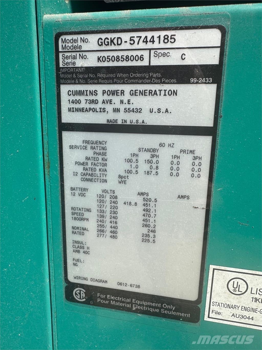 Cummins 150kW Générateurs au gaz