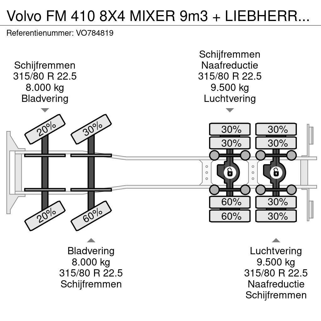 Volvo FM 410 8X4 MIXER 9m3 + LIEBHERR CONVEYOR BELT Camion malaxeur