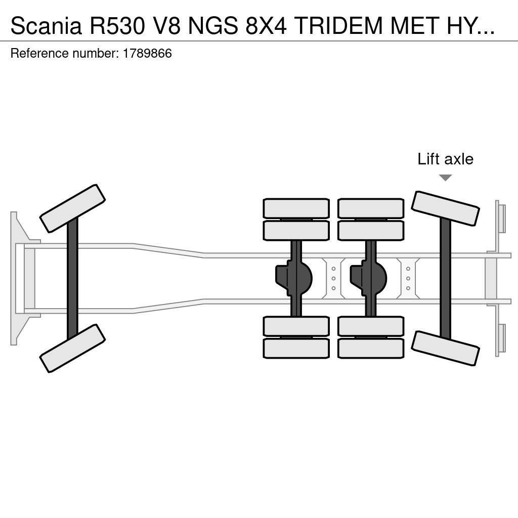 Scania R530 V8 NGS 8X4 TRIDEM MET HYVA 2Z KIPPER + HMF 50 Camion plateau ridelle avec grue