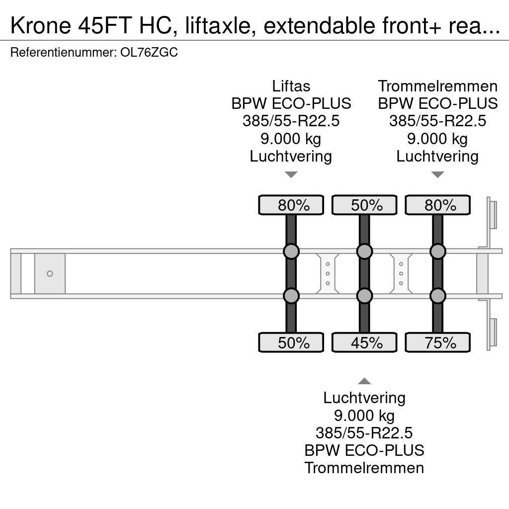 Krone 45FT HC, liftaxle, extendable front+ rear+ bumper, Semi remorque porte container