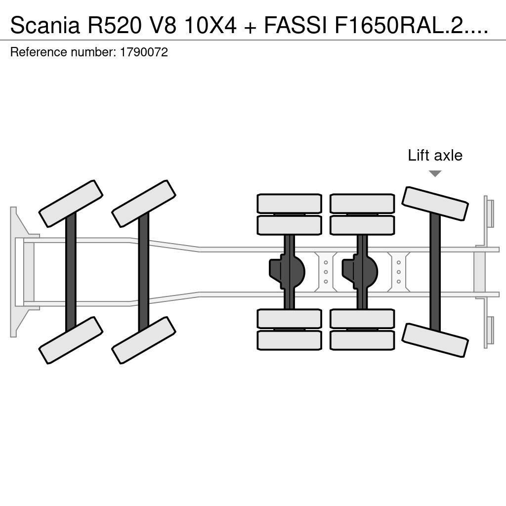 Scania R520 V8 10X4 + FASSI F1650RAL.2.28 + JIB L616L KRA Camion plateau ridelle avec grue