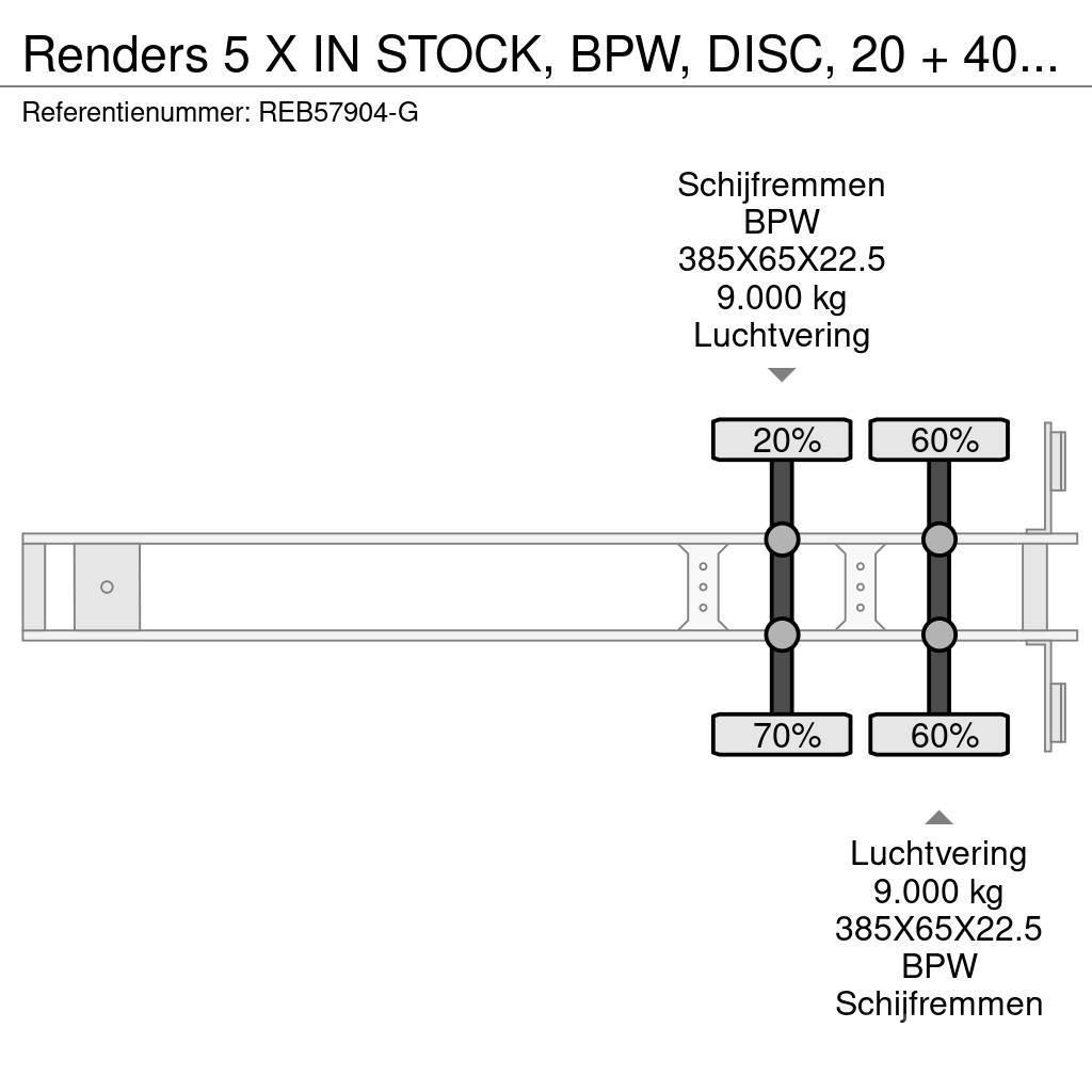 Renders 5 X IN STOCK, BPW, DISC, 20 + 40 FT Semi remorque porte container