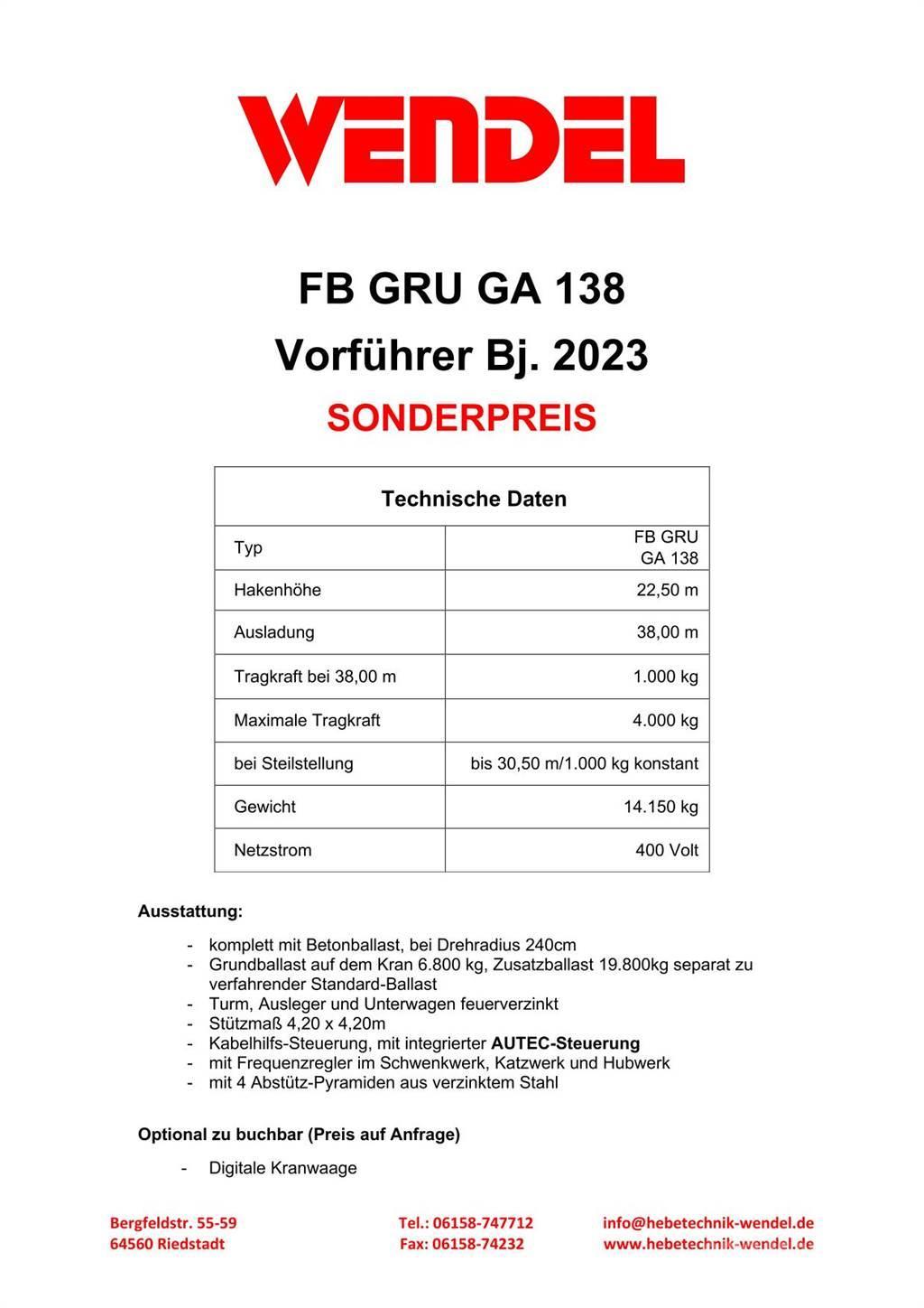 FB GRU Hochbaukran GA 138 Grue à tour